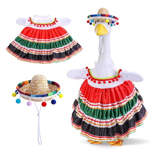 Watayo 2 Pcs/Set Mexican Porch Goose Outfits Lawn Goose Clothing Costume for Cinco De Mayo Garden Goose Clothes Striped Dress Mexican Sombrero for 23 High Statue Outdoor Patio Yard Decor (A Style)