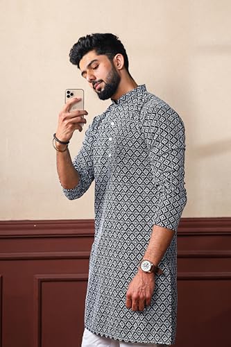 Image of ALMORA Men's Embroidered with Thread Work and Cotton Blend Only Slim Fit Kurta for Men