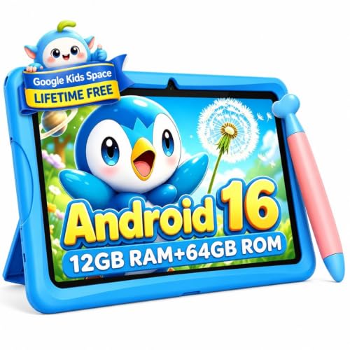 TABWEE 2026 Upgrade K10 Android 16 Kids Tablet 10 Inch 12 GB + 64 GB Google Kids Space Tablet for Kids with Parental Controls WiFi 6 Widevine L1 Tablet with Shockproof Case Blue