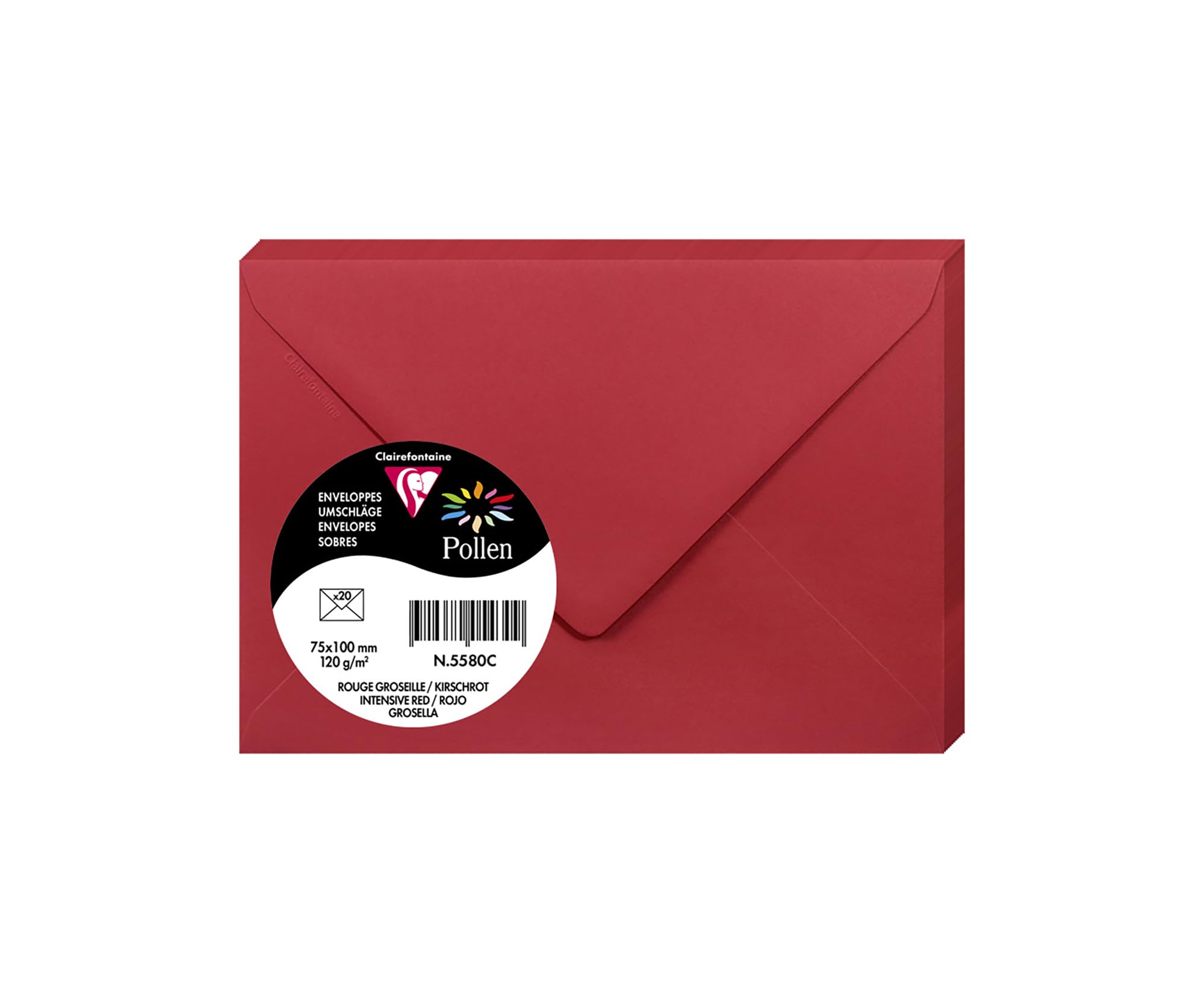 Clairefontaine 5580C Pack of 20 Gummed Envelopes Format 7,5x10cm 120g/m² Intensive Red Invitation Events and Correspondence Range Pollen Premium Smooth Paper