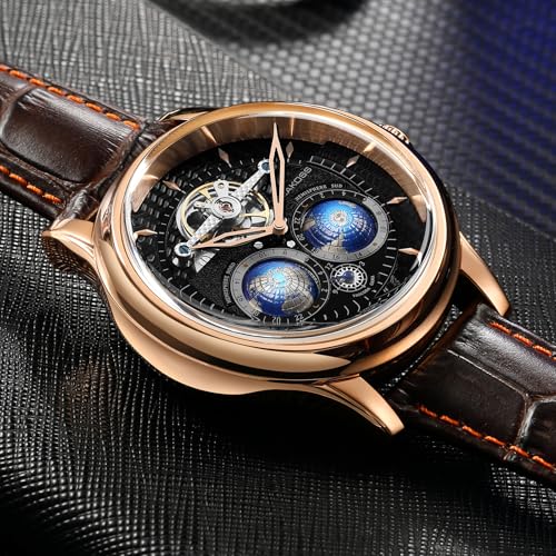 Image of SEAKOSS Watches for Men Automatic Mechanical Luxury Flywheel Watch 3D Double Globe Stainless Steel Case Men Wrist Watch
