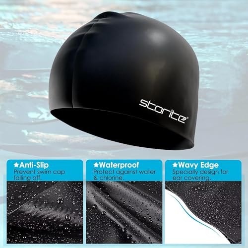 Image of Storite Swimming Cap for Men & Women (Black) | Waterproof, Stretchable Silicon, For Long Hair, Professional Lightweight