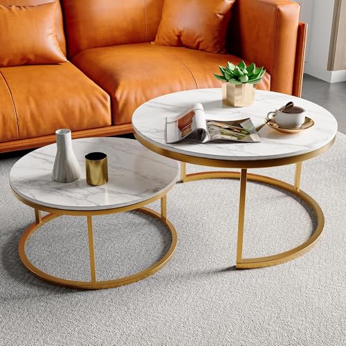 Holtrae Juego de 2 mesas de centro modernas, sencillas, redondas, 80 x 80 x 45 cm y 60 x 60 x 33 cm, mesas redondas para el salón, dormitorio y oficina (dorado)