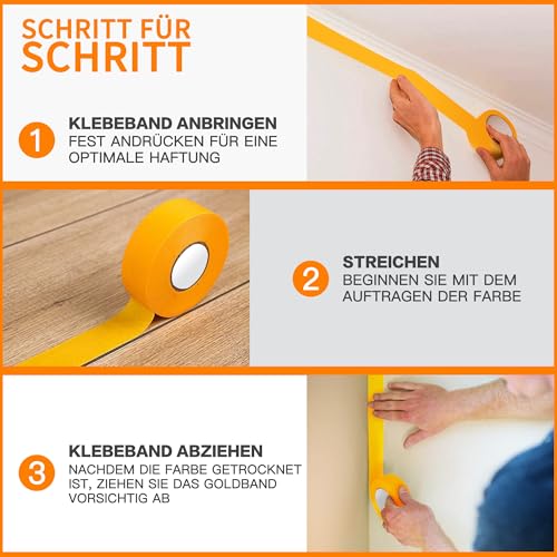 Taiyeestar 4 Rollen Malerkrepp, Goldband Klebeband 30 mm x 50 m, Profi-Kreppband für Malerband, Abdeckband Malertape Klebeband Washi Tape Gold Papiertape Selbstklebend