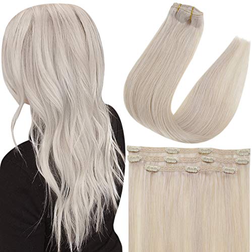 Full Shine Clip on Hair Extensions 14 Inch Lace Weft Clip in Hair Extensions Color 60 Platinum Blonde Human Hair Clip on Hair 3 Pcs 50 Grams Remy Hair Extensions Clip in Human Hair