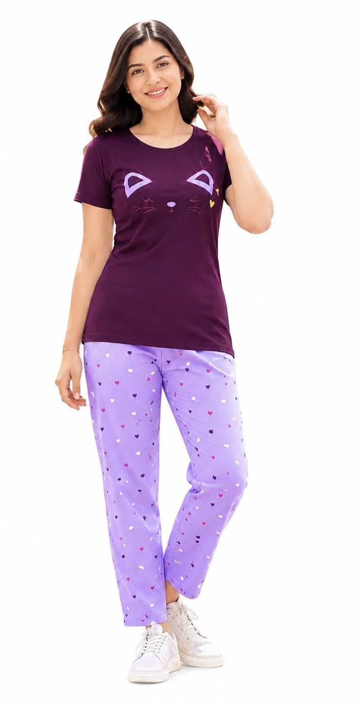 Naika Trendz Women's Cat Print T-Shirt and Heart Print Pyjama Set, Purple-image-42