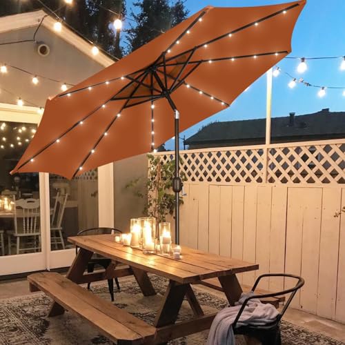 Image of Blissun 9 ft Solar Umbrella with 32 LED Lights for Garden, Deck, Backyard (Rust)