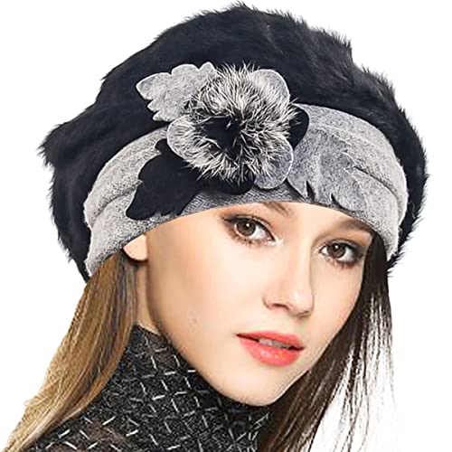 Vecry Lady French Beret 100% Wool Beret Floral Dress Beanie Winter Hat (1 Black) #TOP2