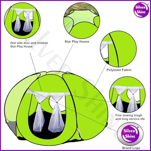 Image of SILVER SHINE Foldable Delightful Patterns Popup Kids Play Tent House for Multi Purpose|PlayTent House for up to 10 YearOld Kids Girls&Boys|Mosquito Net Design Tent for Kids Tent House (Green Star)