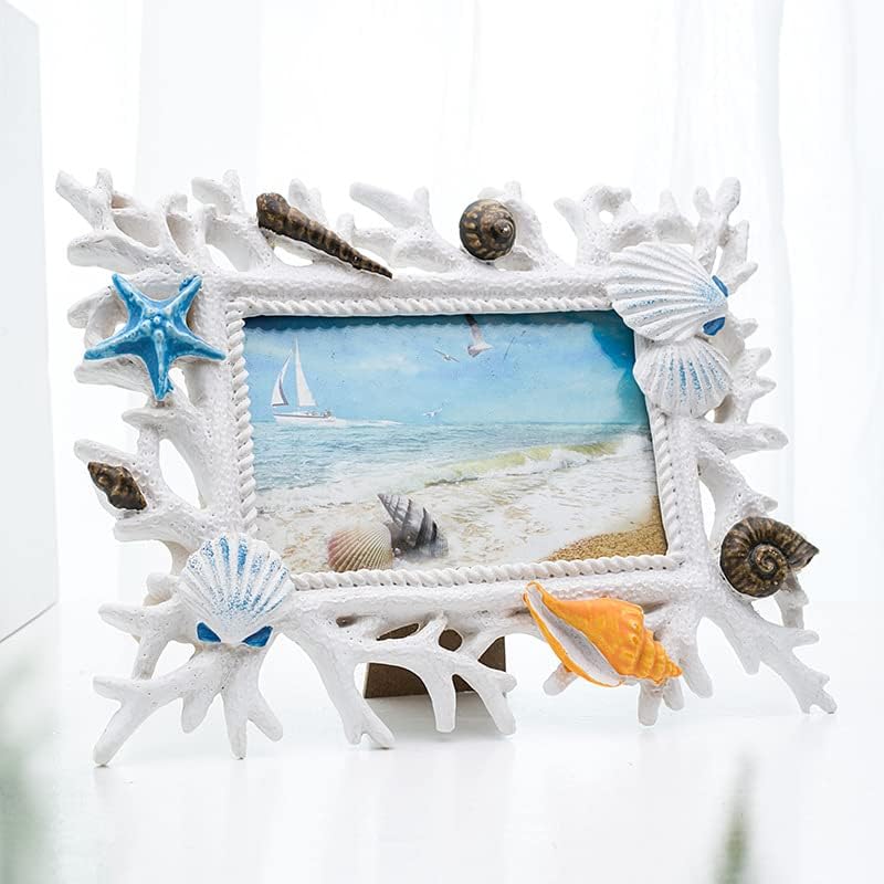 6 Inch Mediterranean Coral Shell Photo Frame Resin Frame For Desk Table Top, Home, Office and all Occasions Decoration Fit For 4x6 Inch Photo