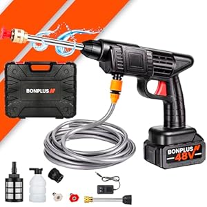 Bonplus BP Hidrolimpiadora de Alta Presión de 48V, Hidrolimpiadora Inalámbrica, Pistola de Lavado de Alta Presión, Batería Recargable de 48V, Boquilla Ajustable 6 en 1, Maletín de Viaje, Aut 45min