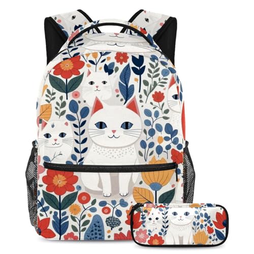 Sac à dos 2 pièces chat blanc pour école et voyage de grande capacité avec sa trousse