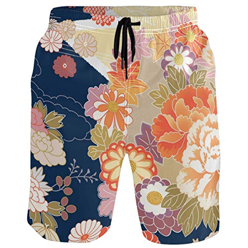 visesunny Japanese Style Floral Men Beach Shorts Swim Trunks Sports Swimming Bathing Suits with Mesh Lining