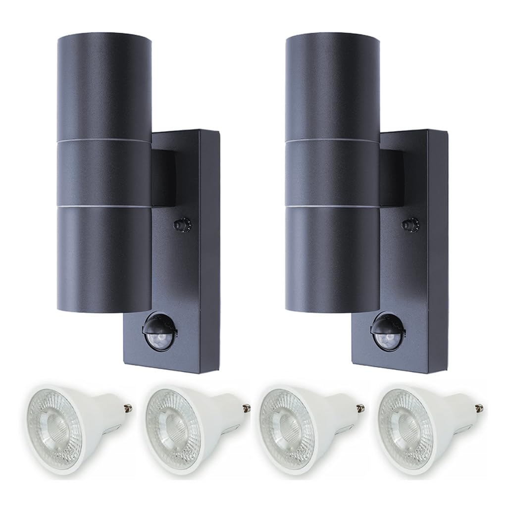 HiSPEC Coral LED Outdoor Up Down Wall Light with PIR Sensor - Anthracite Grey - Twin Pack | for Home, Driveway, Garden | Security Light with Movement Sensor & IP44 Rating | 4 x GU10 Bulbs Included
