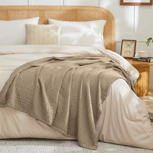 Image of EMME Muslin Blankets for Adults Throw Blanket for Couch Breathable Gauze Soft Lightweight Airy Tan Super King