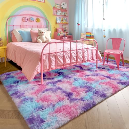 Amdrebio Hot Pink Rainbow Area Rug for Girls Bedroom 6x9, Large Fluffy Cute Fuzzy Colorful Pastel Kids Rugs for Nursery Playroom Classroom, Shaggy Princess Carpet for Baby Toddler Teen, Home Decor