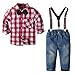Ensemble de vêtements pour garçons Hauts de Chemise à Carreaux + Noeud Papillon + Jarretelles Jeans Pantalons Enfant en Bas âge garçon 4 pièces Tenues Formelles Costumes Rouge 2 Ans