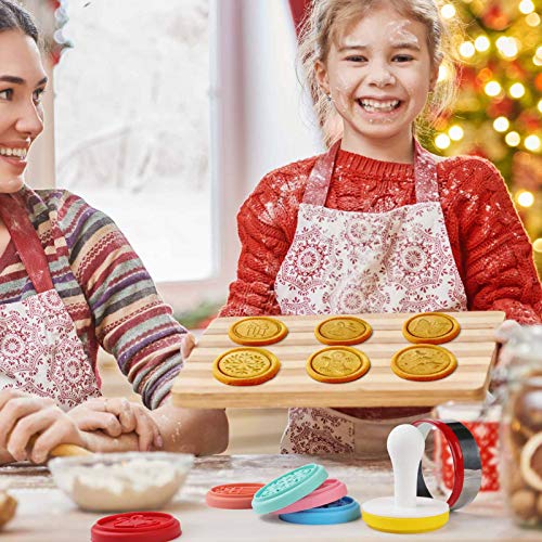 FANGSUN Christmas Cookie Stamps Sets, 6 Silicone Stamps, 1 Stainless Steel Round Cookie Cutter, 1 Plastic Cookie Press (Multi)