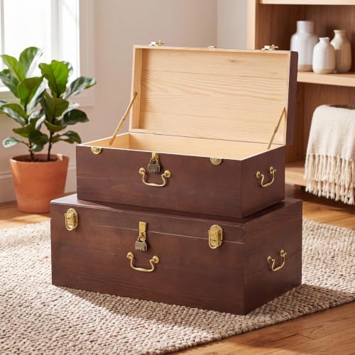 Image of Novabright 2 Pack Wooden Storage Trunks, Lockable Keepsake Chests