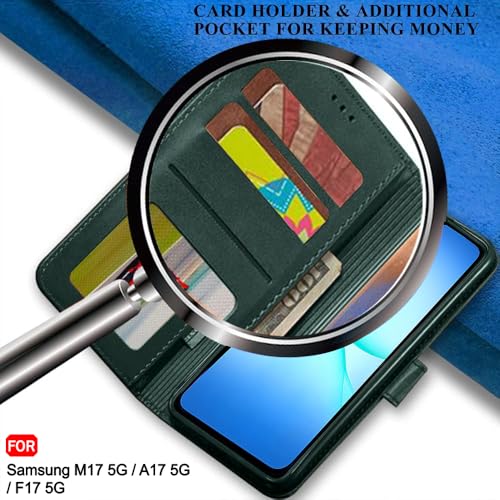 Image of TheGiftKart Flip Cover Back Case for Samsung Galaxy M17 5G / A17 5G / F17 5G | Genuine Leather Finish | Designer Button | Inbuilt Pockets & Stand | Flip Cover Back Cover Case (Faux Leather, Green)