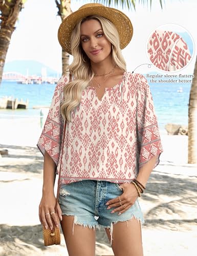 LOMON Linen Tops for Women Spring Summer Plus Size Beach Vacation Clothes Boho Chic Clothing Pink 3XL