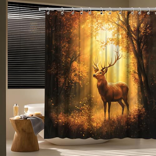 Autumn Forest Deer Shower Curtain Fall Misty Forest Golden Sunlight Orange Maple Leaves Watercolor Nature Wildlife Sunset Scenery Bath Curtain Fabric Bathroom Accessories Decor with Hooks 70W x70L