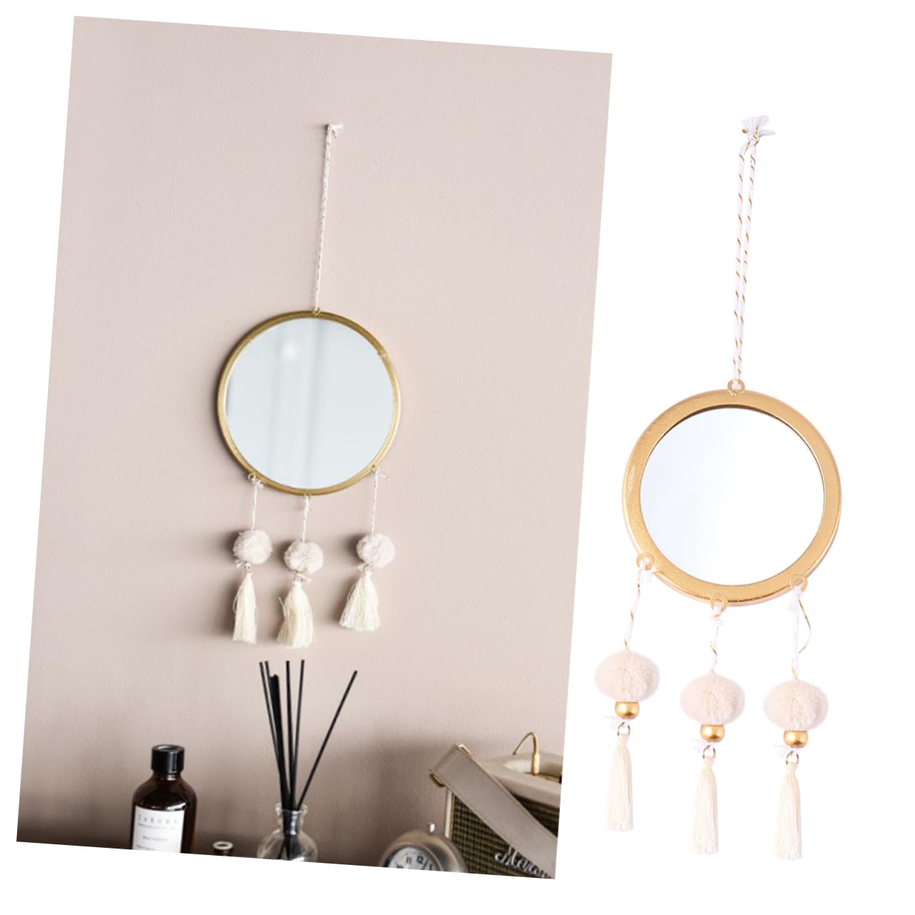 HEALLILY Tassel Decorative Round Makeup Mirror Wall Hanging Mirror Creative Wall Decor for Bedroom and Bathroom 1 Piece