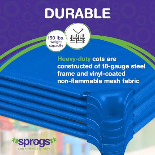 Image of Sprogs Heavy-Duty Stackable Standard Size 52 inchL Daycare Cots for Kids and Toddlers, Stacking Preschool Classroom Kids Cots for Sleeping, Resting, Naptime, Pack of 6, Blue