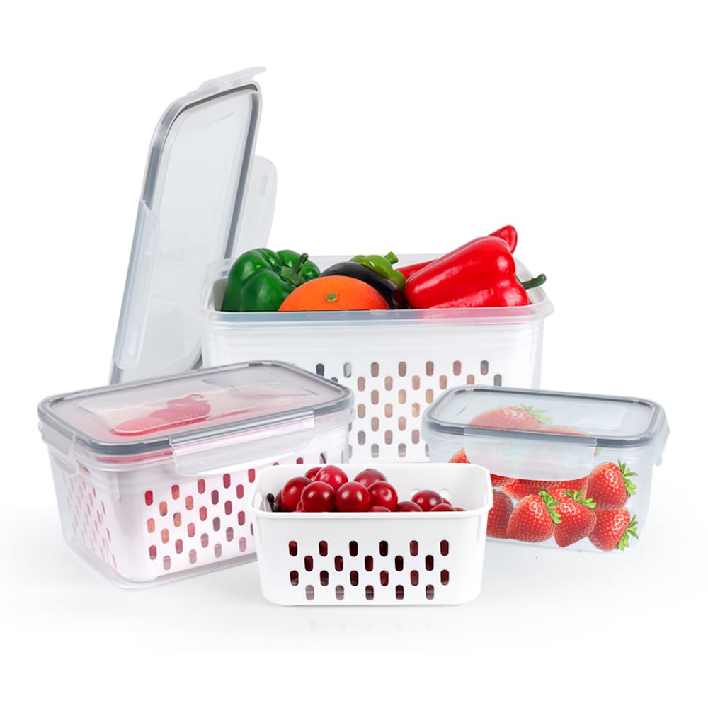 XSUPER3 Pack Fruit Vegetable Storage Containers for Fridge, Produce Saver Containers for Refrigerator with Lids & Colander, Kitchen Fridge Organizer Containers for Vegetable Fruit Salad Berry Keepers