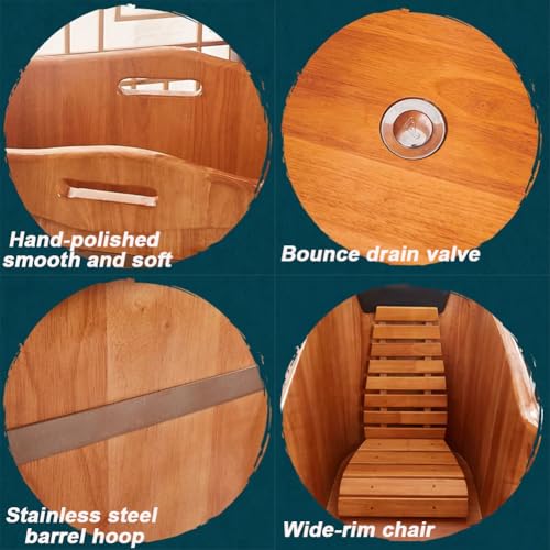 TT-YEC Badewanne Aus Massivem Holz, Badewanne Aus Holz Mit Kopfstütze, Sitzbank Und Wasserventil, Badewanne Mit Wasserschöpfer, Traditionelles Japanisches Einzelbadewannenset Aus Eiche,L150cm – Bild 6