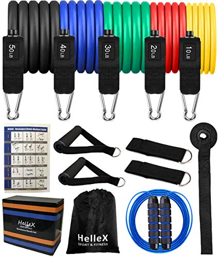 HelleX-Pack of 13 Resistance Bands Workout Combo Set, 5 Loop Resistance Bands-Max 150 Lbs with Loop Handles,Legs Ankle Straps, Door Anchor and a Jump Rope, Incl Carry Bag User Guide for Home Exercise