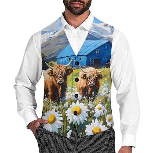 Farmhouse Barn Highland Cow Men's Suit Vest Slim Fit Business Dress Party Pattern Waistcoat Vest Top