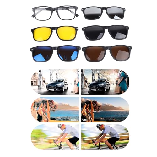 Tissting Magnetic Clip on Sunglasses with 5 Interchangeable Lenses - Retro Rectangular Eyeglasses for Men and Women, Night Driving Glasses with Stylish Frame, Lightweight and Practical Design3