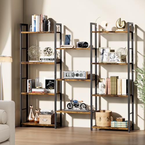 Image of Shintenchi Triple Column 4 Tier Bookshelf, Industrial Large Bookcase Display Shelves, Large Etagere Bookshelf,Wide Book Shelf Book Case for Home & Office, Rustic Brown