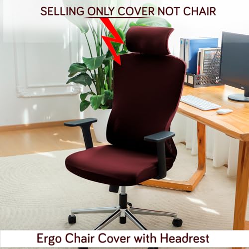 Image of HOKIPO 'SereneSolids' 140 GSM Office Chair Cover with Headrest (High-Back) - 140 GSM Stretch Fabric - Washable, Anti-Slip Fit for Ergonomic Mesh Office Chairs, Burgundy (AR-5369-BRGN)