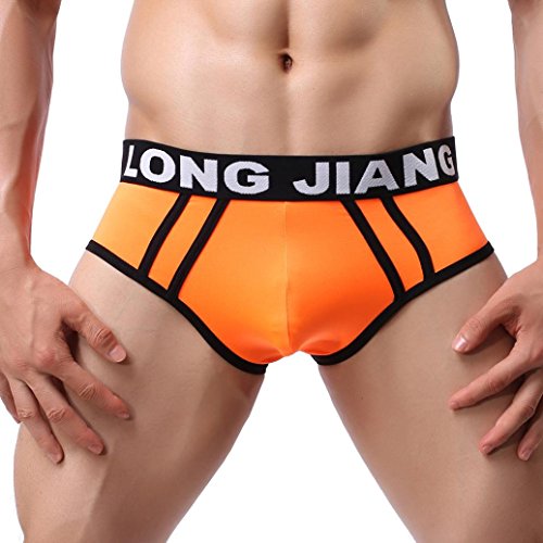 LONG JIANG Letters Briefs, Leyorie Sexy Mens Hollow Underwear Bulge Pouch Shorts Backless Underpants (Orange, L)