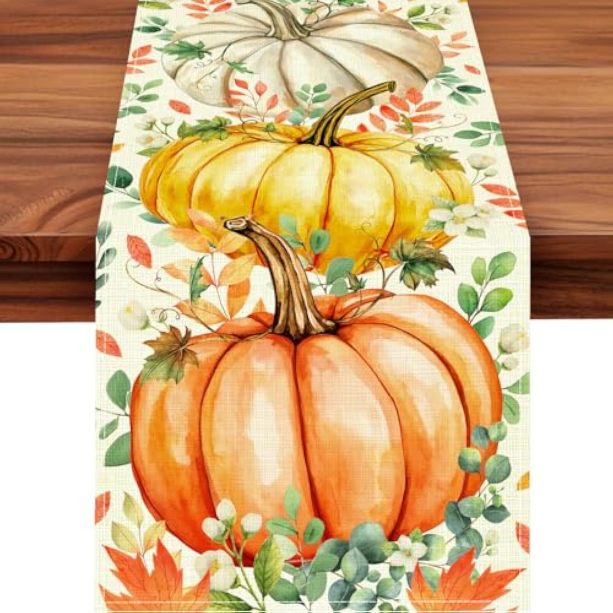 Pumpkin Eucalyptus Leaves Fall Table Runner