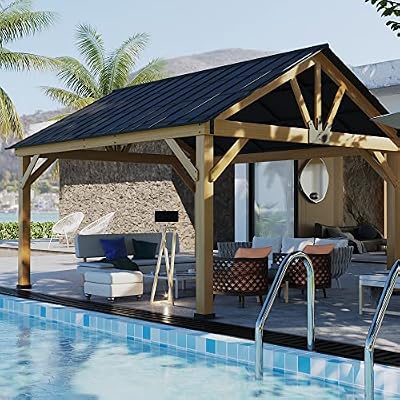Meetleisure 13' x 15' Wood Gazebo Outdoor Gazebo Spruce Wood Framed Gazebo with Slope-Design Hardtop Roof for Garden, Patio, Lawns, Parties