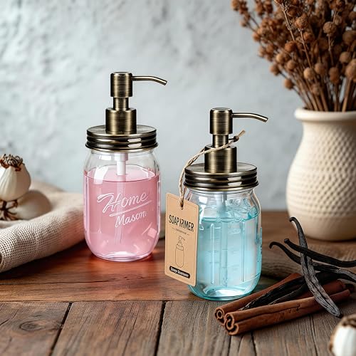 Image of Amolliar Mason Jar Liquid Soap Dispenser Lid, Farmhouse Pump, Brass 2 Pack | Refillable Lotion Soap Pump16OZ Regular Mouth Jar, Hand Soap, Dish, Stainless Steel Soap Pump Lid, Farmhouse Bathroom Decor