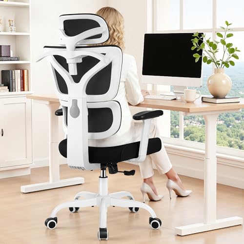 Image of Ergonomic Office Chair High Back Desk Chair with Lumbar Support, Breathable Mesh Computer Chair with Adjustable Armrests Height, Reclining Swivel Big and Tall Gaming Chair for Home Office(White)