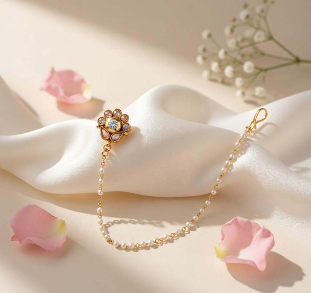 Efulgenz Bridal Indian Jewelry Bollywood Nose Stud Pin with Faux Pearl Chain Kundan Nath Non Piercing Nose To Ear Chain Wedding Jewelry for Women