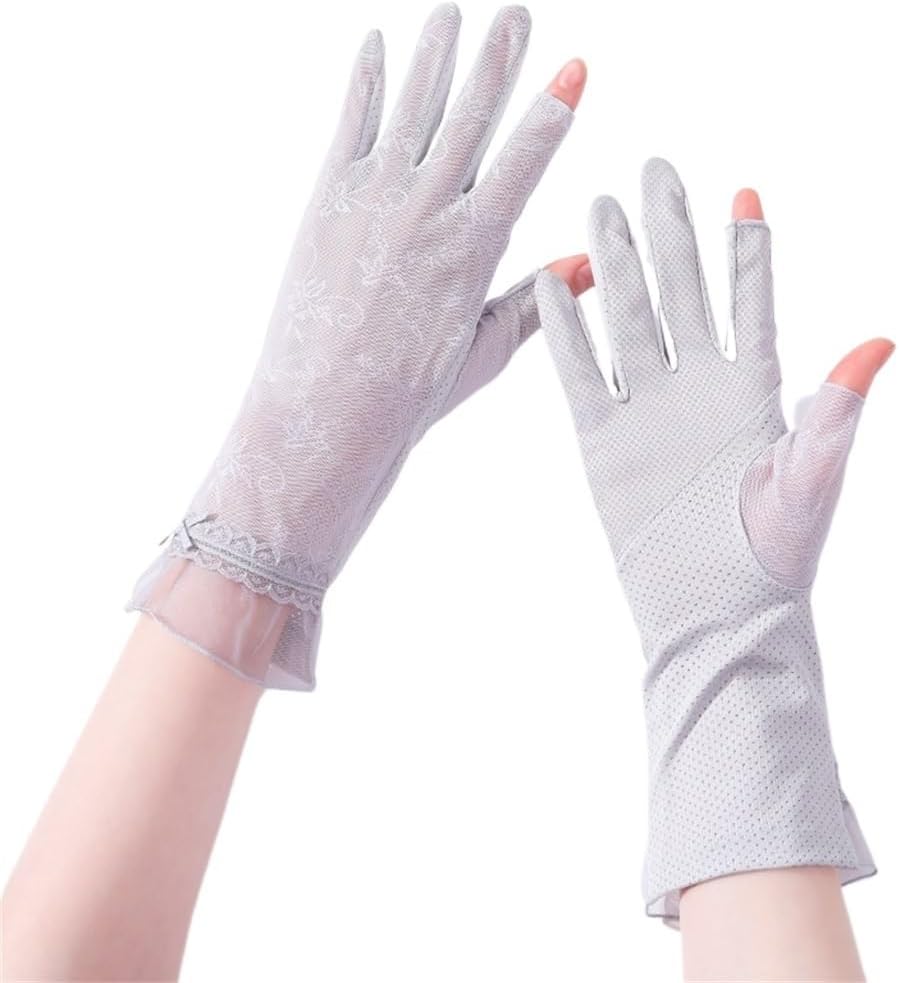 Ice Silk Cool Lace Thin Gloves Women's Driving Riding Elastic Breathable Leak Two Fingers