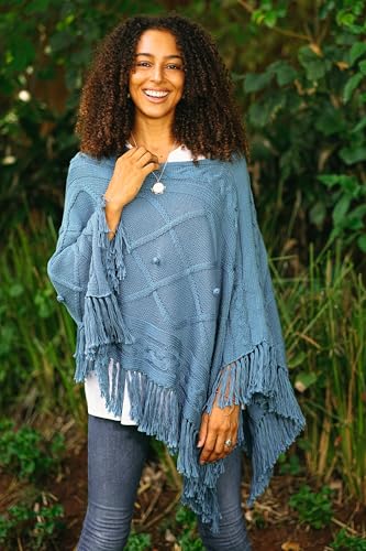 NOVICA Artisan Handmade Short Cotton Poncho Knit in Cerulean from Thailand Clothing Blue Patternedcable ' Charming Knit in Cerulean'3