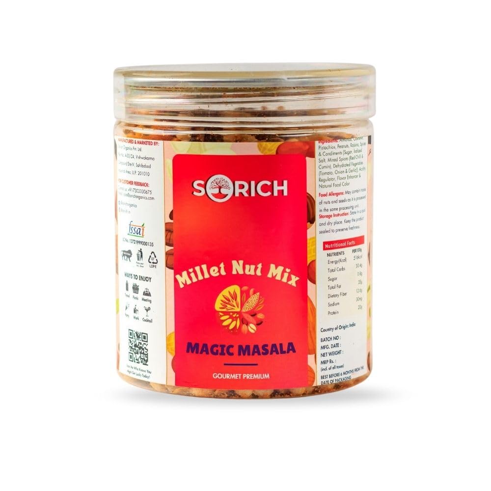 Sorich Organics Millet Nut Mix Namkeen | Healthy Roasted Snack with Nuts & Seeds | Protein Rich, High Fiber Superfood | Gluten Free, Vegan, No Added Sugar, Roasted Millet & Nut Blend | Perfect Office & Travel Instant Snack (200gm, Magic masala) Sorich Organics Millet Nut Mix Namkeen | Healthy Roasted Snack with Nuts & Seeds | Protein Rich, High Fiber Superfood | Gluten Free, Vegan, No Added Sugar, Roasted Millet & Nut Blend | Perfect Office & Travel Instant Snack (200gm, Magic masala)