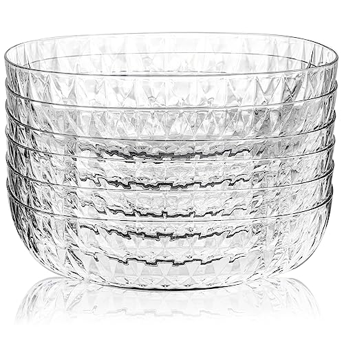 Fasmov 6 Pack Plastic Serving Bowls, Square Serving Bowls, 72 Ounce Large Elegant Diamond Pattern Plastic Bowls for Salad, Party Snack, Popcorn, Chip, Buffet, Candy, Fruit, Clear