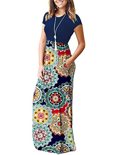 MISFAY Women Short Sleeve Loose Plain Maxi Dresses Casual Long Dresses Pockets (Navy Floral Red, 2XL) - Thumbnail 2