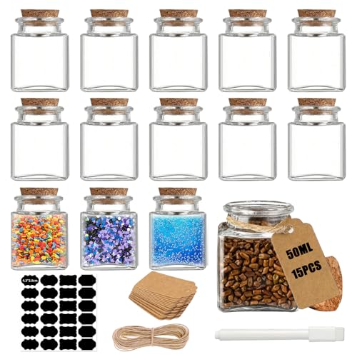 Rliocvhe 15 Pièces Mini Bouteille Verre avec Bouchon 50ml,Transparent Mini Bocaux en Verre,Fiole en Verre Pot Conservation Carré pour Mariage, Fête,...