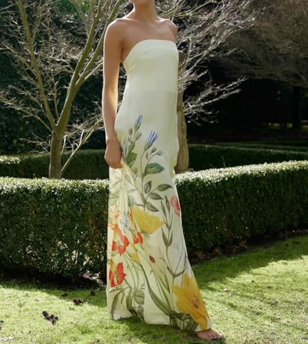 Image of Women Floral Print Maxi Tube Dress Strapless Flowy Long Bandeau Dress Y2K Open Back Sundress Summer Beachwear