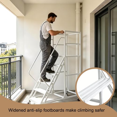 Image of 6 Step Rolling Warehouse Step Ladder, Industrial Mobile Staircase on Wheels, 1100Lbs Weight Capacity, Heavy Duty Mobile Platform Ladder with Handrails, Suitable for Warehouse, Library (White, 6 steps)