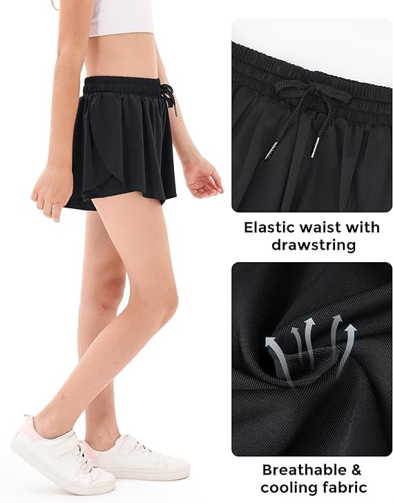 Image of Stelle Girls Flowy Shorts with Pockets Athletic Running Skirt High Waist Butterfly 2 in 1 Sports Short 5-16 Years